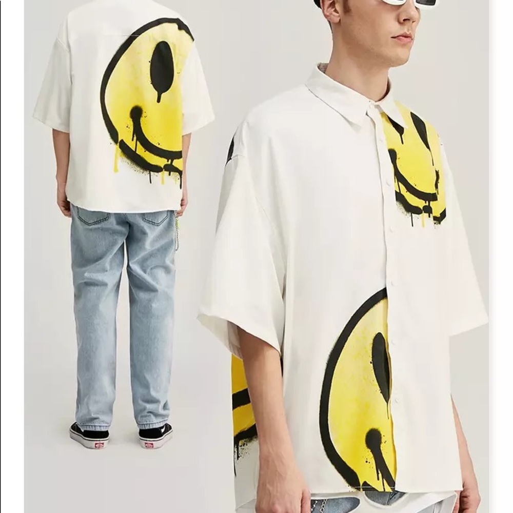 Tshirt smiley face men’s gray top loose collar button shirt top - Picture 2 of 5